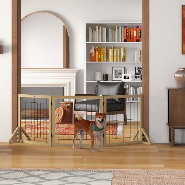 Barreira para Cães de Madeira Dobrável com 3 Painéis e Pés de Apoio Triangulares 210x44x70 cm Madeira