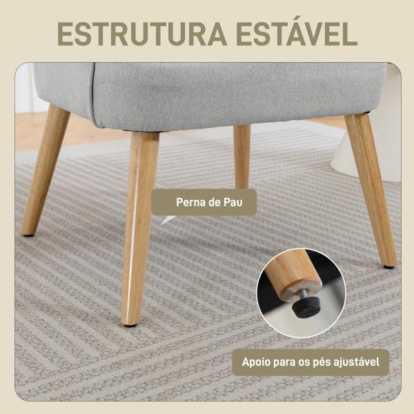 Poltrona Estilo Nórdico Estofada em Linho com Pés de Madeira para Dormitório Escritório Estúdio 64,5x65x79,5 cm Cinzento