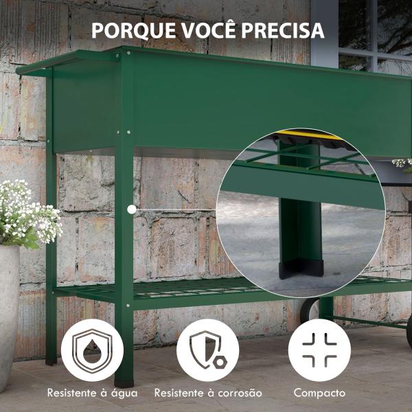 Horta Vertical Elevada de Metal Horta Vertical com Rodas Alça Lateral e Prateleira Inferior para Cultivo 109x44x80 cm Verde
