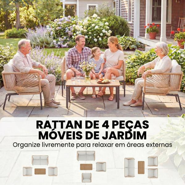 Conjunto Jardim de 4 Peças Móveis de Exterior com Sofá de 2 Lugares 2 Poltronas e Mesa de WPC Branco e Castanho