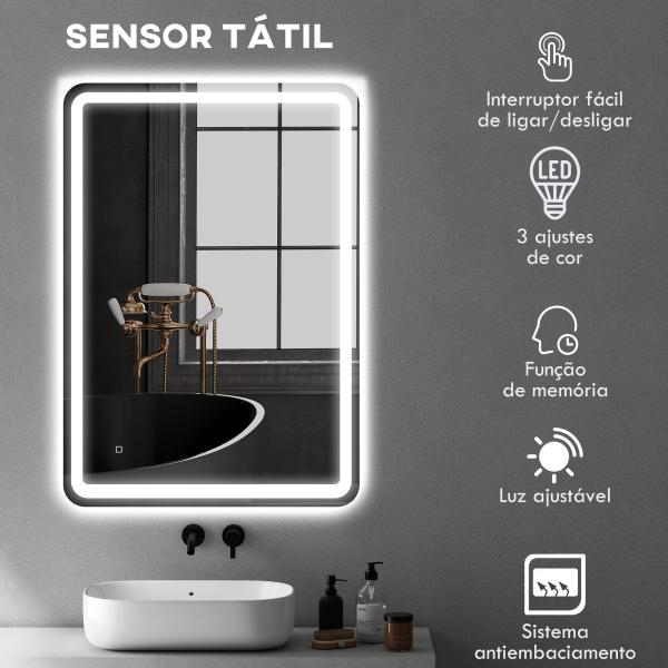Espelho Casa de Banho com Luzes LED 70x100 cm Função Antiembaciamento 3 Temperaturas de Cor Ajustável e Função de Memória Prata
