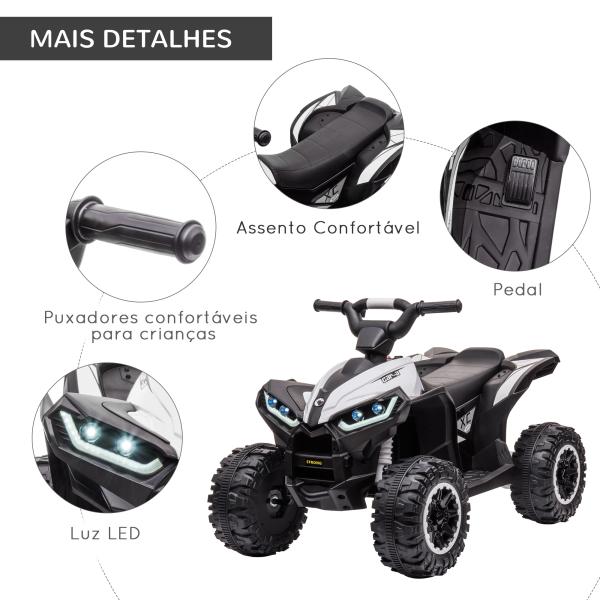 Quadriciclo Elétrico para Crianças de 3 - 5 Anos Veículo Eléctrico a Bateria 12V com 2 Motores 83x53x55,5cm Branco