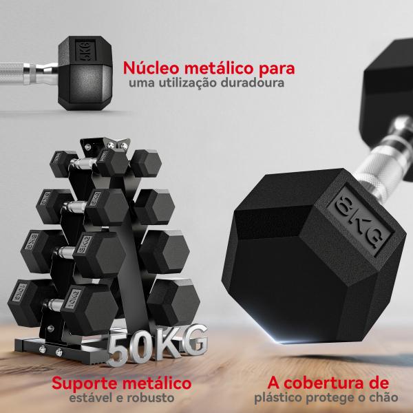 Conjunto de Halteres 2x2kg 2x5kg 2x8kg 2x10kg com Suporte de Armazenamento para Exercício Treino Preto