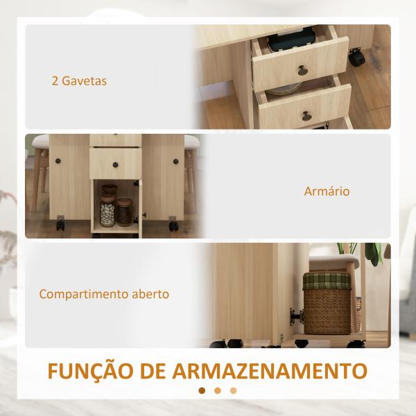 Mesa de Jantar Dobrável com Rodas Mesa Abatível com 2 Gavetas e Armário Mesa Auxiliar Multifuncional 120x60x76,5 cm Madeira