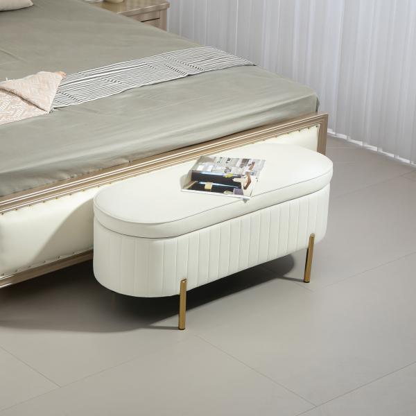 Banco para Pé de Cama em Veludo com Arrumação e Pés Dourados, 108x44x43,5 cm, Creme