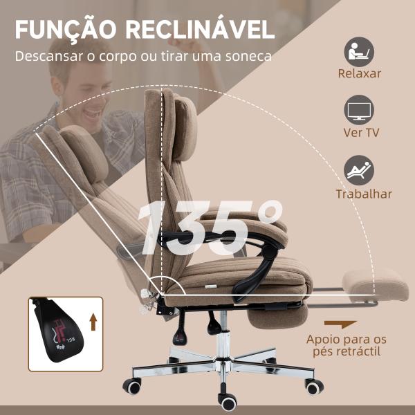 Cadeira de Escritório com 6 Pontos de Massagem com Vibração Reclinável com Altura Ajustável 65x61x101 - 113 cm Marrom