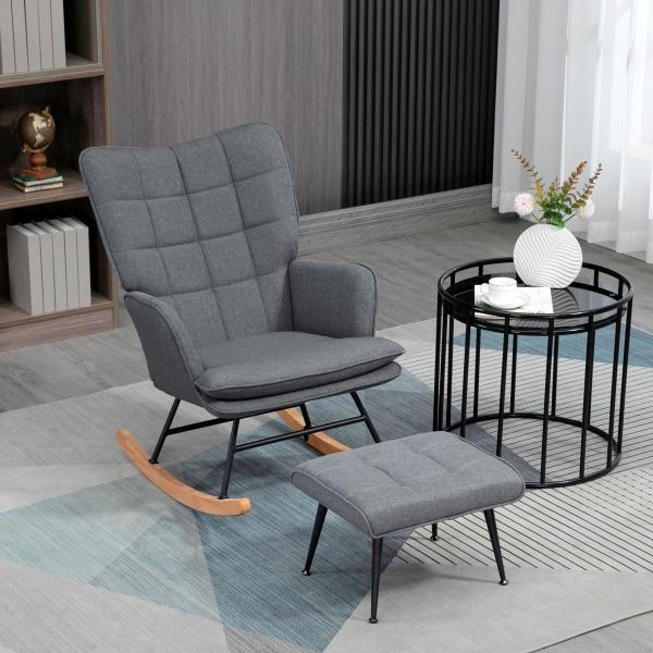 Conjunto de Poltrona Baloiço com Apoio para os Pés Poltrona Relax com Almofada Acolchoada e Anti - Tombo 64x89x90 cm Cinza