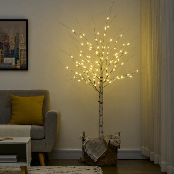 Árvore de Bétula com 96 Luzes LED IP44 Branco Quente Ramos Flexíveis e Base de Candeeiro 22x22x180 cm Branco