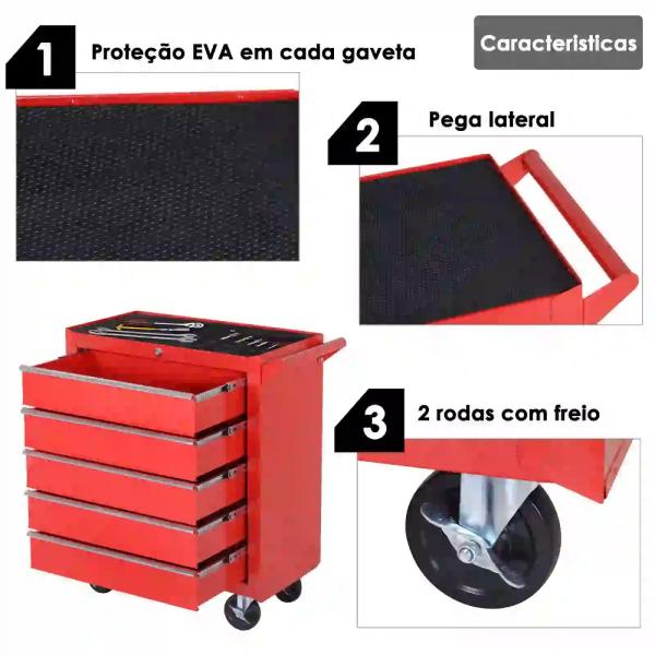 Carrinho de Ferramentas com 5 Gavetas Rodas Trava Armário de Armazenamento para Oficina de Garagem e Chapa de Aço 69x33x75 cm Vermelho