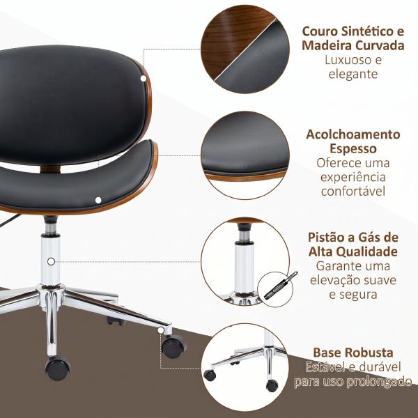 Cadeira de Escritório com Rodas Estofada em PU com Assento Largo e Curvado Altura Ajustável Preto