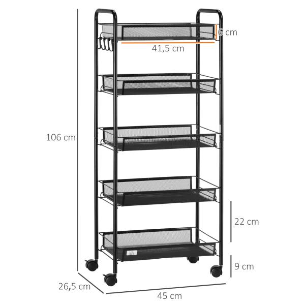 Carrinho Auxiliar com Rodas de 5 Níveis com Cestos de Malha Removíveis e Estrutura de Aço 45x26,5x106 cm Preto