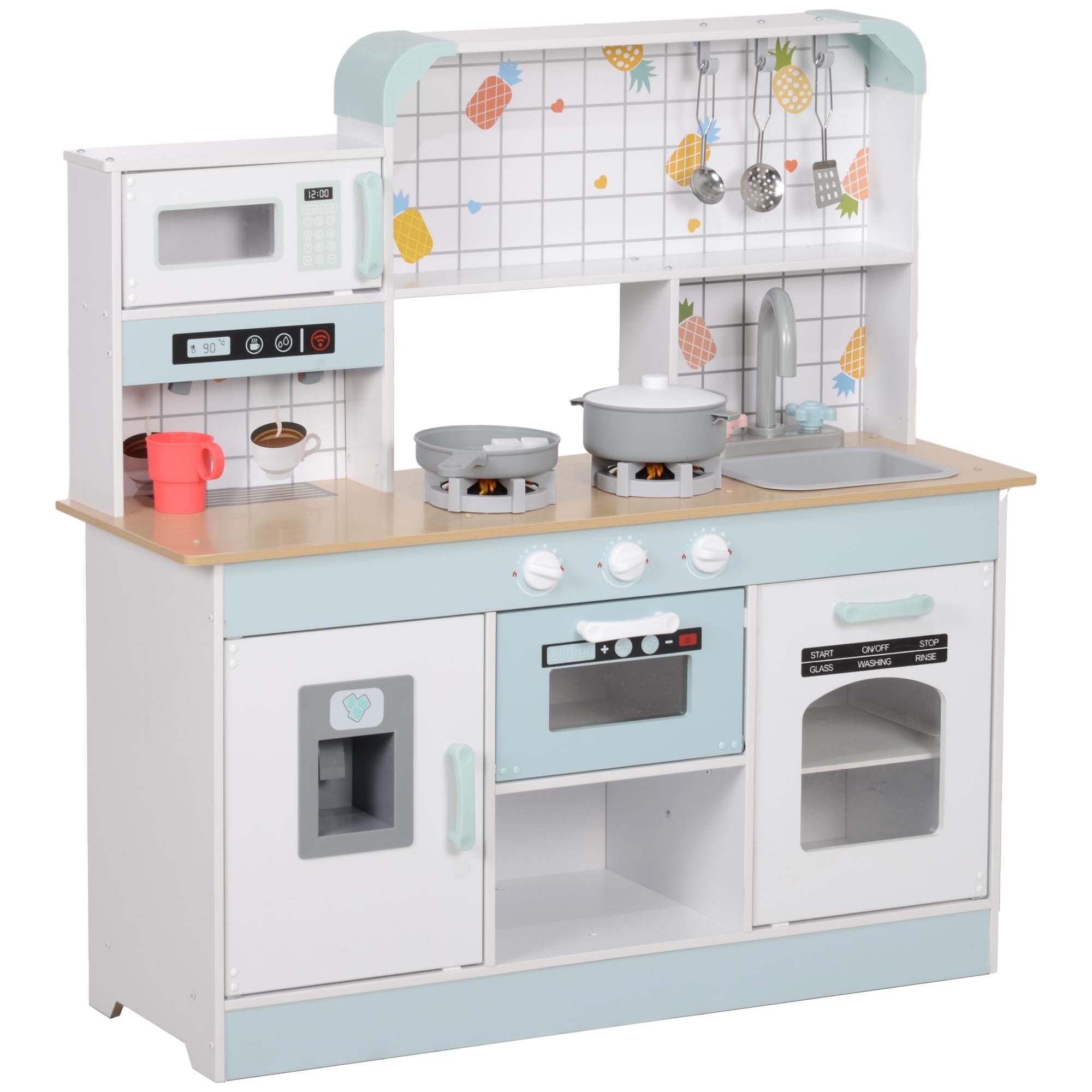 Cozinha de Madeira para Crianças com Sons Lavatório Micro - Ondas Máquina de Gelo e Acessórios 88,6x31,7x90,4 cm Branco