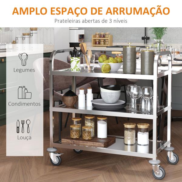 Carrinho de Cozinha Polivalente Carrinho de Apoio com Rodinhas, Prateleiras Ilha de Cozinha 3 Níveis de Carga 50kg Aço Inoxidável