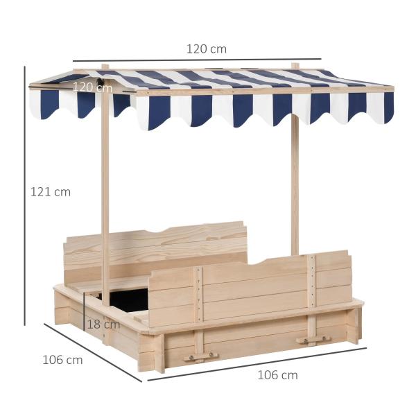 Caixa de Areia de Madeira para Crianças acima de 3 Anos com Banco e Toldo Ajustável Carga 50 kg 106x106x121 cm Madeira