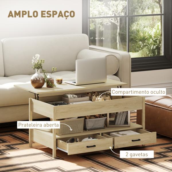 Mesa de Centro com Bancada Elevável Espaço Oculto de Armazenamento Gavetas e Prateleira Aberta 100x50x48 - 62 cm Carvalho