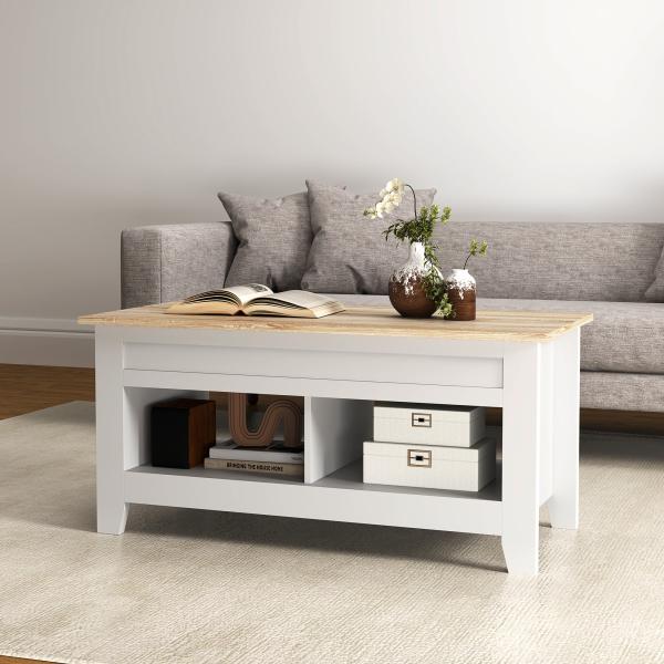 Mesa de Centro com Bancada Elevável 2 Compartimentos Abertos Bancada de Madeira 105x50x49 cm Branco e Madeira