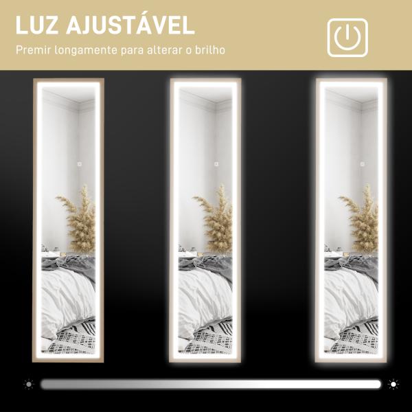 Espelho de Pé com Luz LED 40x160 cm Espelho de Corpo Inteiro com Iluminação de 3 Cores Tátil Função de Memória Madeira