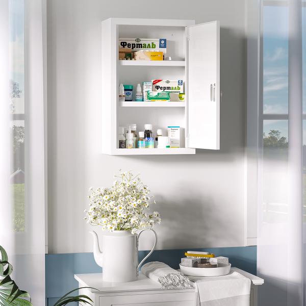 Armário Farmácia de Parede em Aço com 3 Prateleiras de Armazenamento e 2 Chaves para Casa de Banho 30x14x46 cm Branco