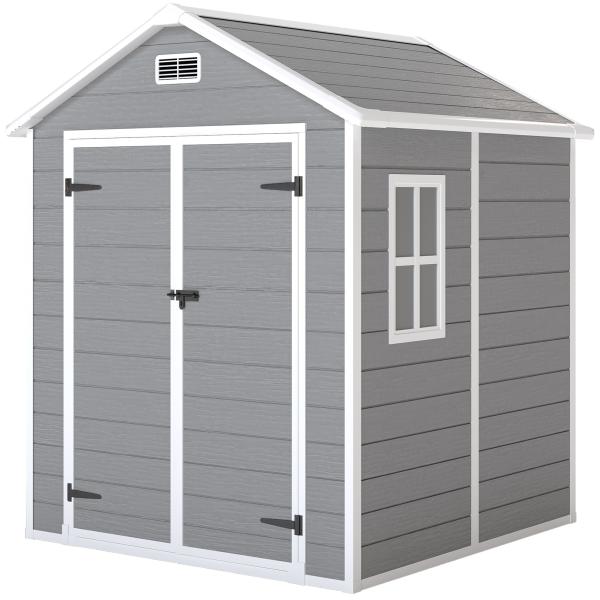 Abrigo de Jardim em Resina 182x151x219 cm com Piso Janela Ventilação Portas Duplas Cinzento