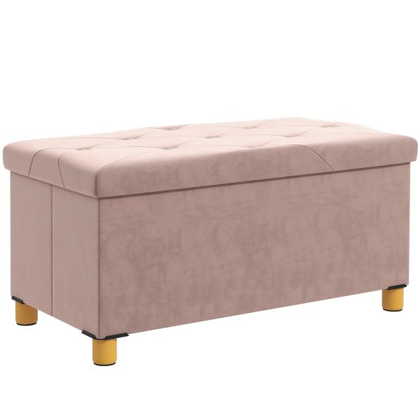 Banco de Armazenamento Dobrável Capacidade de 67 L Estofado em Veludo Carga 120 kg 76x38x38 cm Rosa Claro