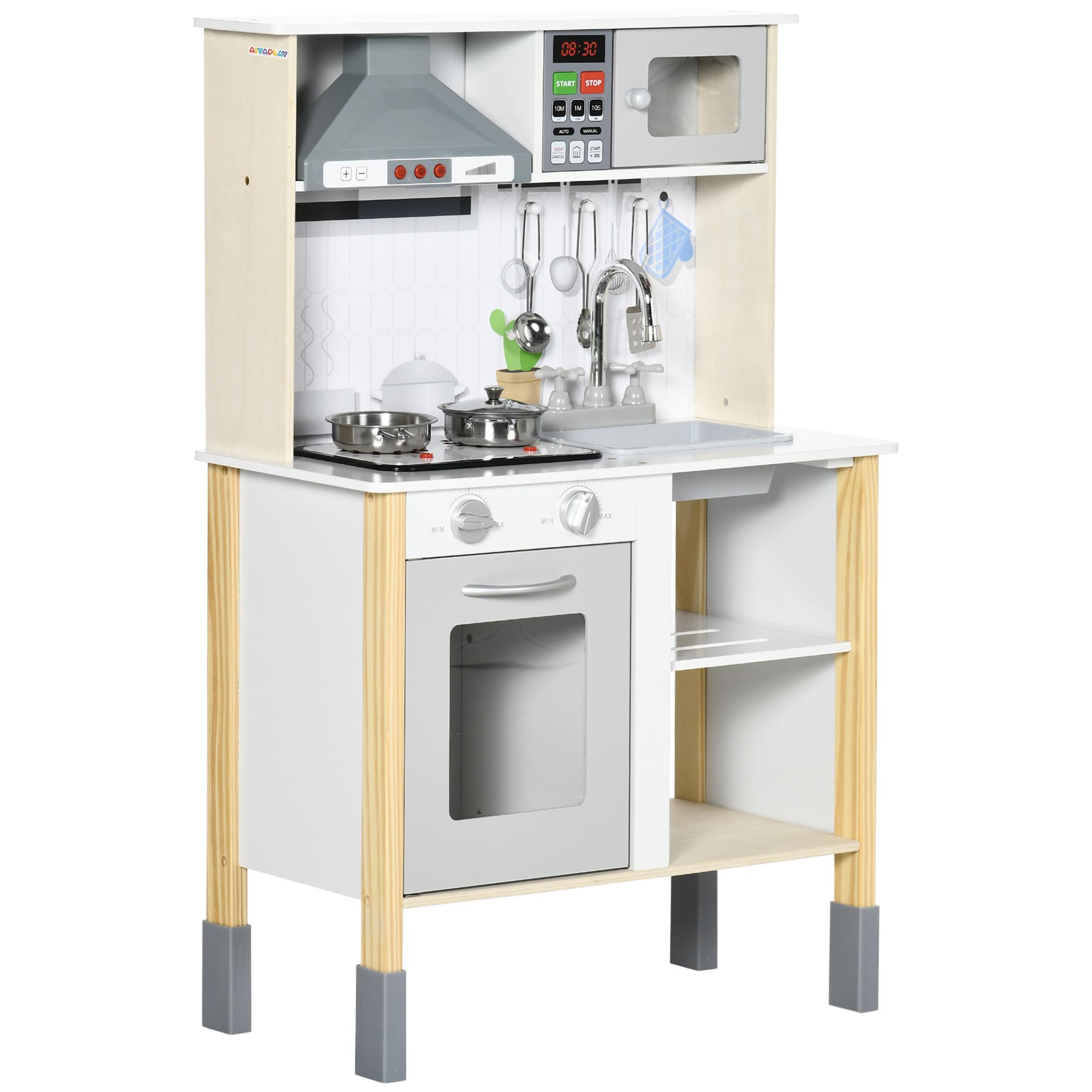 Cozinha Infantil de Madeira Cozinha para Crianças acima de 3 Anos com Altura Ajustável Luz Sons 60x30,5x93,2cm Branco e Cinza