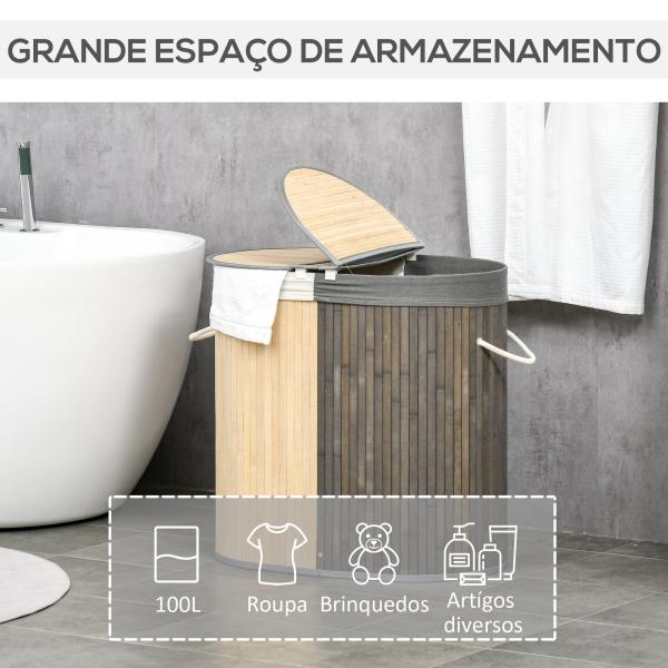 Cesto de Roupa de Bambu Capacidade de 100L com Tampa Rebatível e 2 Compartimentos 62,5x37x60,5cm Cinza e Madeira