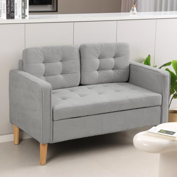 Sofá de 2 Lugares com Espaço de Armazenamento Pés de Madeira Encosto Capitonê 117x62x78 cm Cinzento Claro