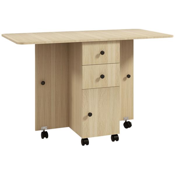 Mesa de Jantar Dobrável com Rodas Mesa Abatível com 2 Gavetas e Armário Mesa Auxiliar Multifuncional 120x60x76,5 cm Madeira