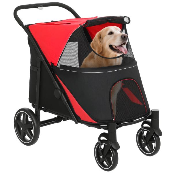 Carrinho para Cães Dobrável com Janelas de Malha Cinto de Segurança e Bolsos de Armazenamento 112x65x100 cm Vermelho