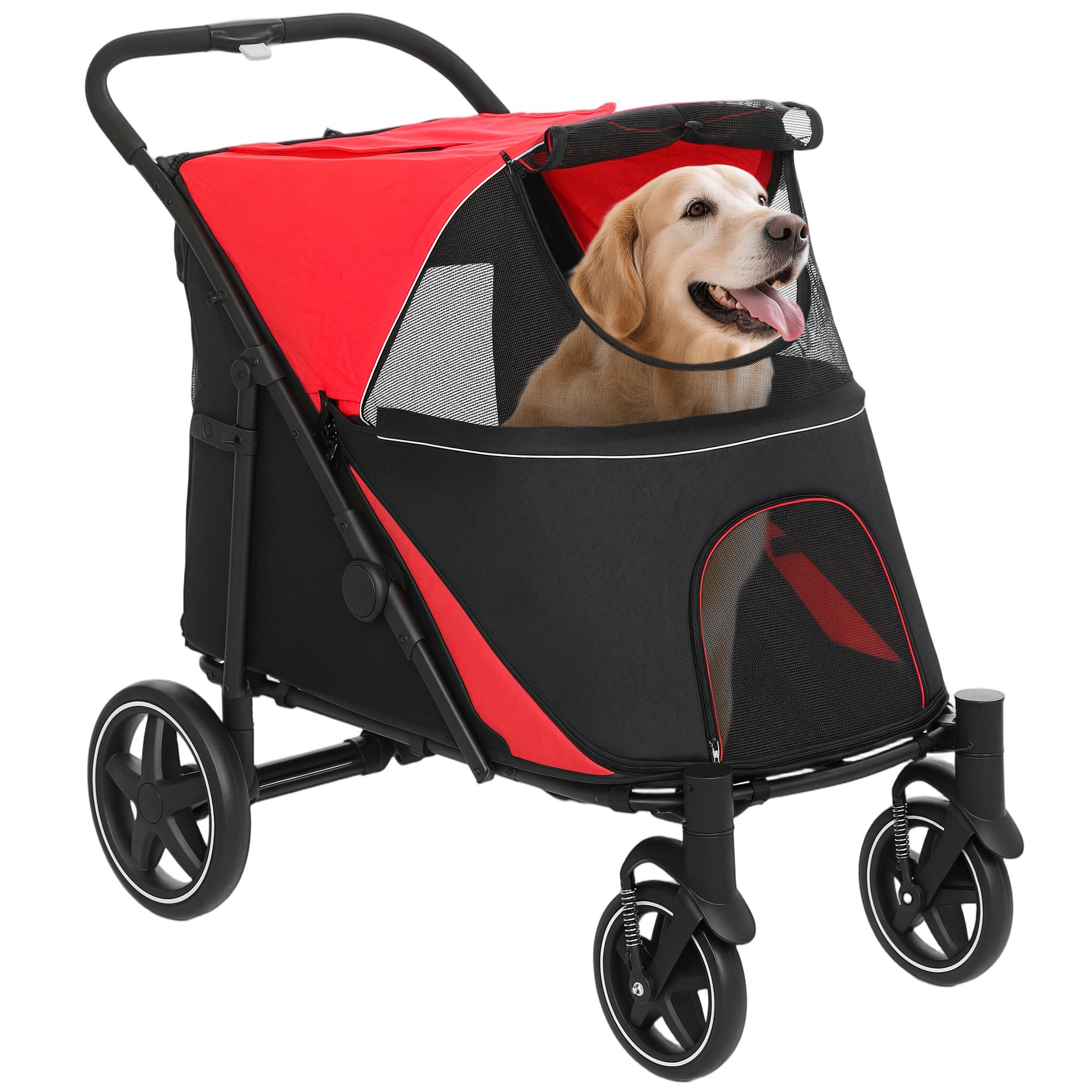 Carrinho para Cães Dobrável com Janelas de Malha Cinto de Segurança e Bolsos de Armazenamento 112x65x100 cm Vermelho