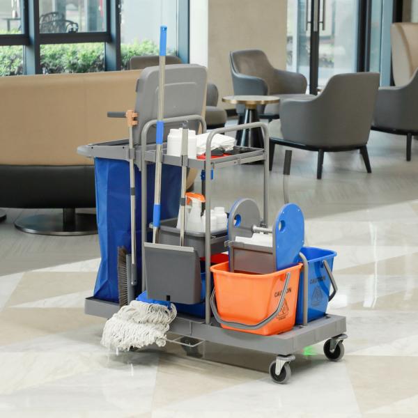 Carro de Limpeza Professional com Escorredor de Alavanca e 2 Baldes de 18L 111x63,3x103cm Cinza Azul e Laranja