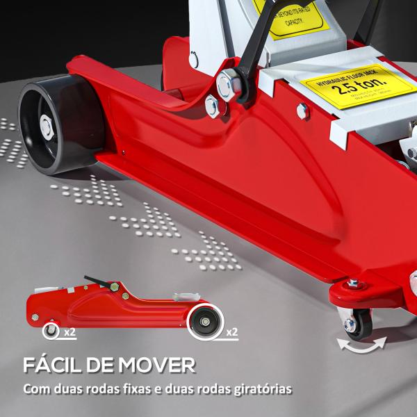 Macaco Hidráulico para Carro 2,5T Altura de Elevação 80 - 380 mm com Perfil Baixo e Rodas para Automóvel SUV Vermelho