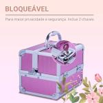Estojo de Maquiagem Profissional Portátil de Cosméticos com Bandejas de 3 Níveis e Espelho 2 Chaves para Porta - Joias Manicure 15x15x20cm Rosa