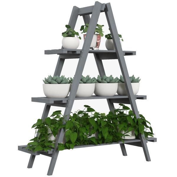 Suporte de Madeira para Plantas Dobrável de 3 Níveis com Estrutura em Forma de A para Jardim Pátio 100x36x112 cm Cinza