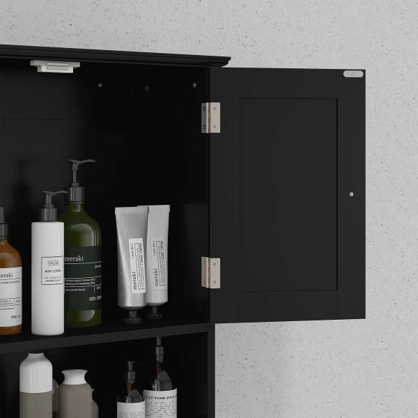 Armário de Parede para Casa de Banho com 2 Portas Prateleira Aberta e 2 Gavetas Estilo Moderno 50,8x17,8x66 cm Preto