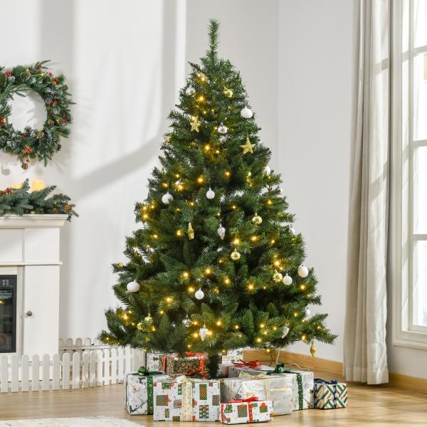 Árvore de Natal Artificial com 745 Ramos 200 Luzes LED com Cor Branco Quente Suporte e Decorações Incluídas Ø112x180cm Verde
