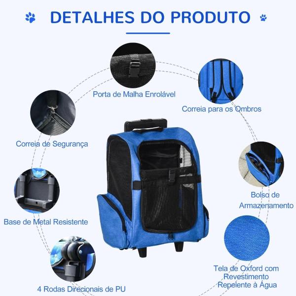 Transportadora para Animais de Estimação 2 em 1 Mochila de Viagem com 2 Rodas para Cães Gatos com Alça Retrátil de Alumínio e Bolso de Armazenamento 42x25x55cm Azul