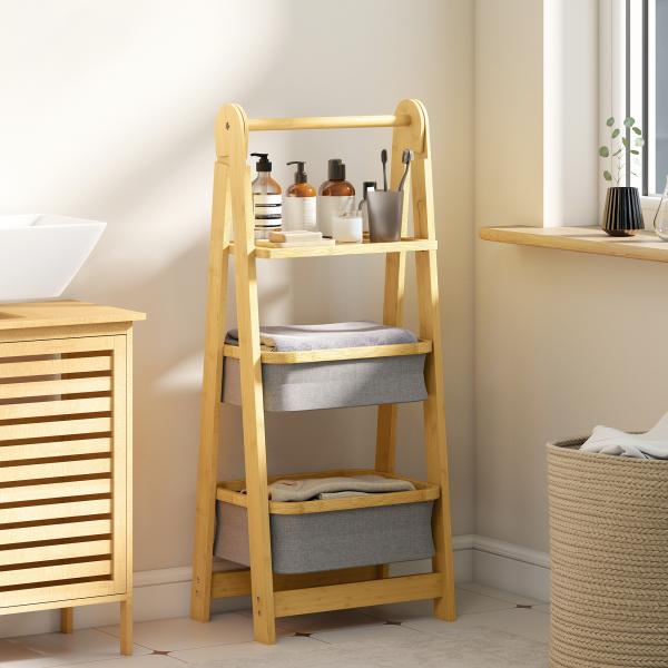 Estante Dobrável para Casa de Banho de Bambu com 2 Cestos para Roupa Suja Estante Aberto 44,5x32x99 cm Cinzento
