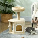 Arranhador para Gatos com Cama Caverna Plataforma Bola Suspensa e Poste de Juta 42x30x66 cm Marrom e Bege