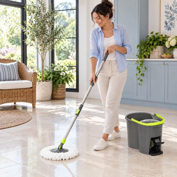 Conjunto de Esfregona e Balde com Espremedor 2 Compartimentos Balde de 20 L 5 Mopas de Microfibra Uso a Seco e Húmido Cinza Escuro
