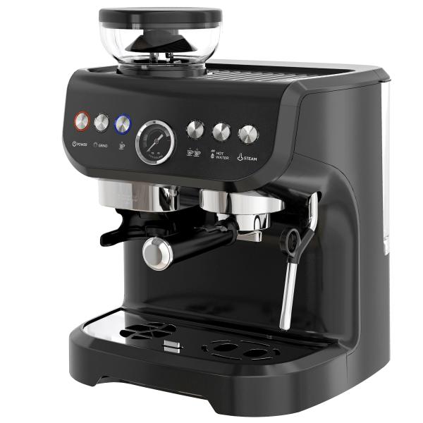 Máquina de Café Expresso 15 Bares 1600 W com Moinho de 15 Níveis e Vaporizador de Leite para Cappuccino e Latte Preta