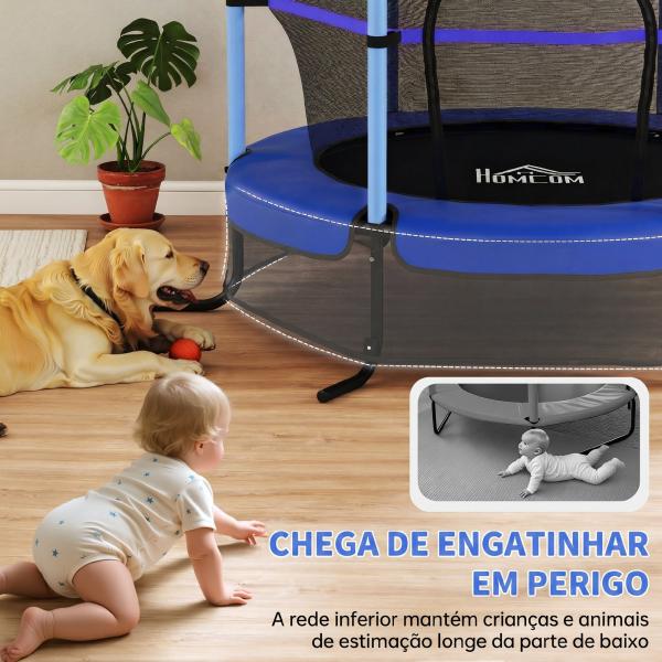 Trampolim para Crianças com Rede de Segurança e Estrutura de Aço para Interiores e Exteriores Carga 50 kg Ø163x190 cm Azul