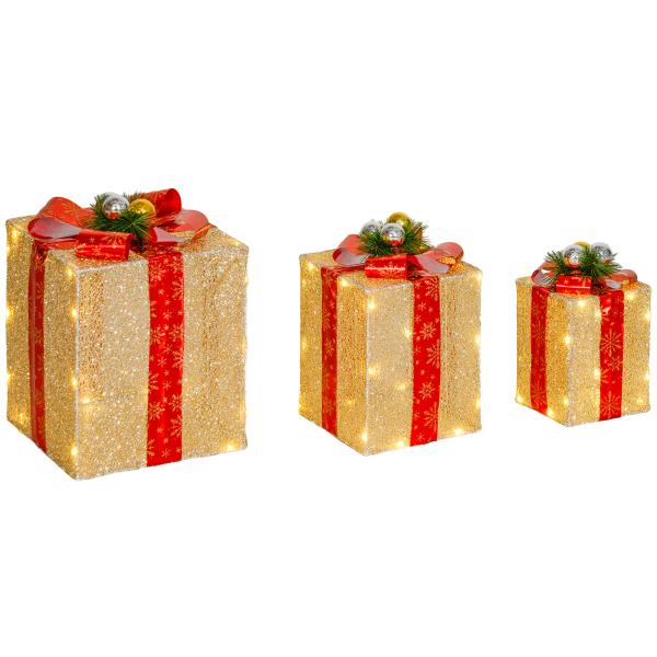 Conjunto de 3 Caixas de Presente de Natal com 58 LEDs Branco Quente Enfeites Luminosos para a Árvore de Natal Dourado