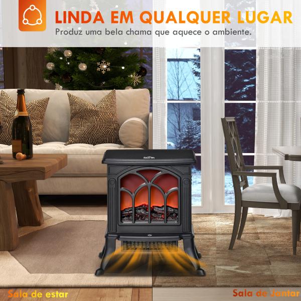 Lareira Elétrica 750/1500 W Lareira Decorativa com 2 Níveis de Potência Efeito Chama Área de Cobertura 15 - 20 m² 37,3x23,1x44 cm Preto