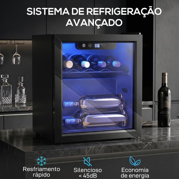 Vinoteca 12 Garrafas, Frigorífico para Vinhos 36 L com Temperatura Ajustável 4 - 16 ℃ Porta de Vidro Duplo Luz LED, Preto