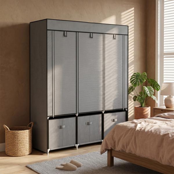 Roupeiro de Tecido com 2 Varões 5 Prateleiras 3 Gavetas Fecho de Correr Estrutura de Aço 125x43x162,5 cm Cinzento