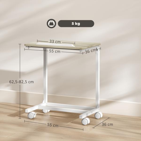 Mesa Auxiliar com Rodas Altura Ajustável Superfície Inclinável e Estrutura de Metal 55x36x62,5 - 82,5 cm Madeira