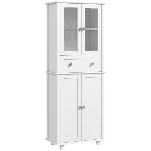 Armário de Cozinha Móvel Auxiliar de Cozinha com 2 Portas de Vidro Gaveta e Prateleiras Ajustáveis 61x35x168,5 cm Branco