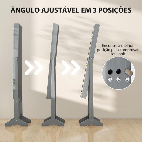 Espelho Joalheiro com Luzes LED Armário para Joias com Ângulo Ajustável Prateleiras Ranuras para Anéis 36x30x136 cm Cinzento