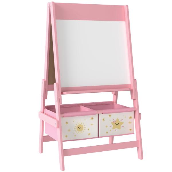 Cavalete de Pintura para Crianças 3 em 1 para Crianças acima de 3 Anos com Rolo de Papel e Cestos de Arrumação 54x46x94 cm Rosa